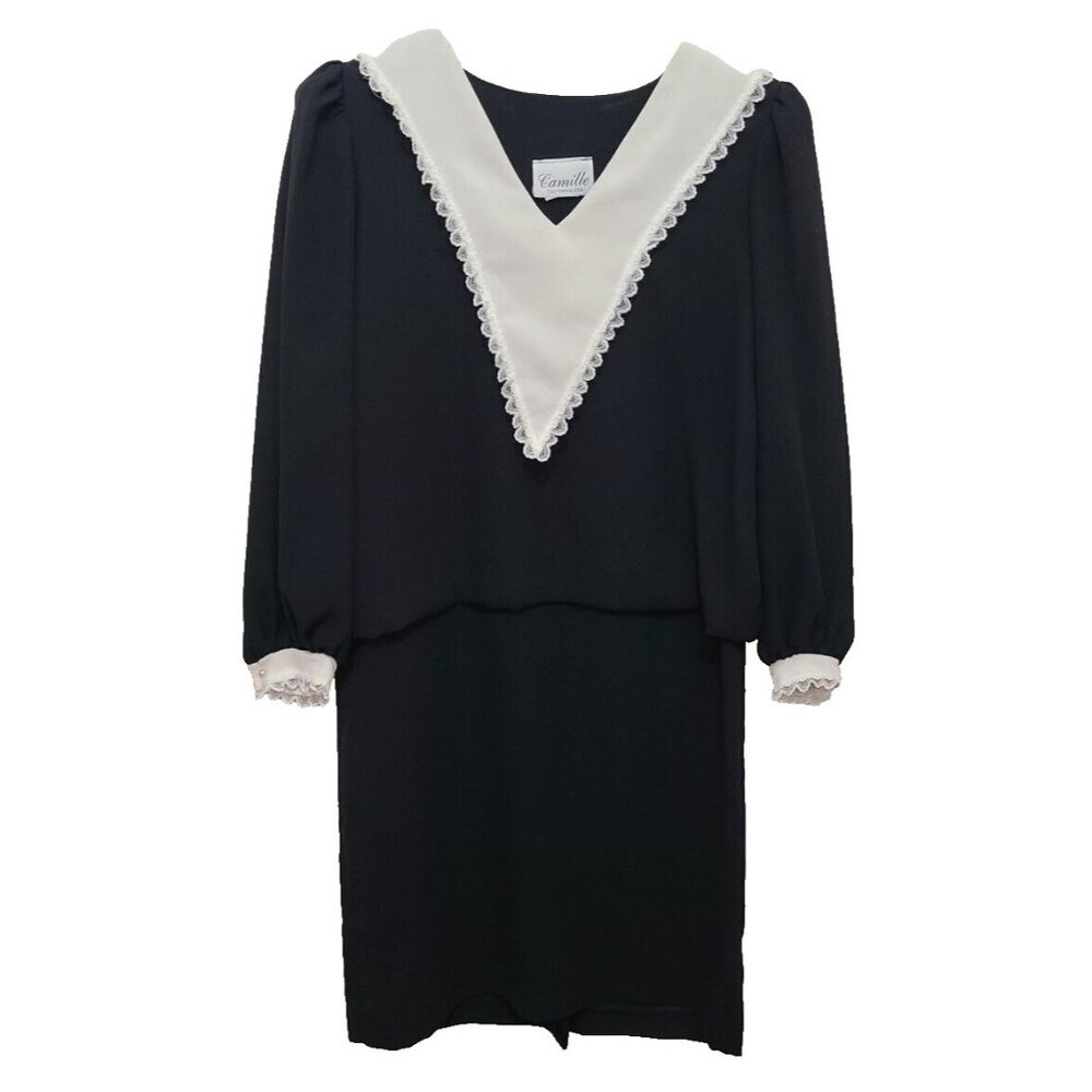 Vtg 80s Camille Women's Long Sleeve Blouson Dress Gothic Academia Black/White 5